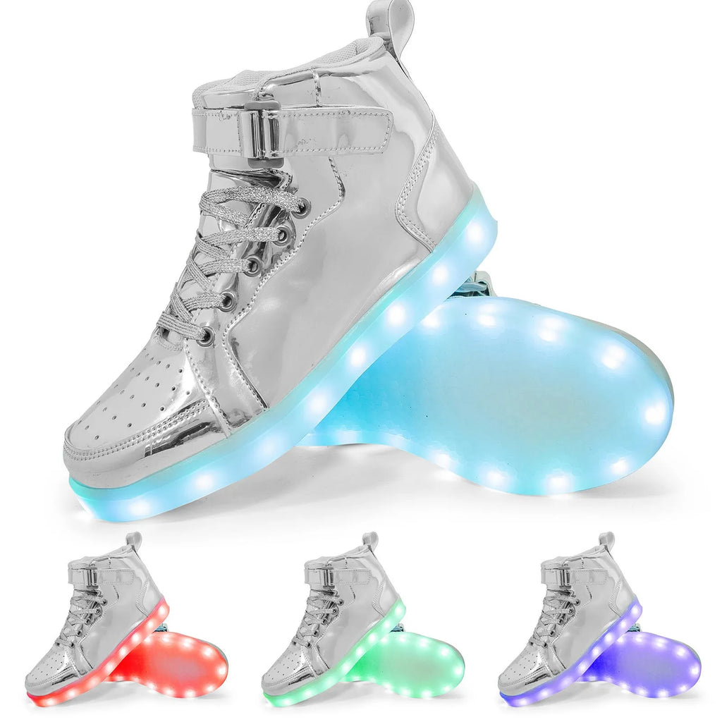 LED high-top board shoes with lights, Velcro fastening, in black gold or white colours