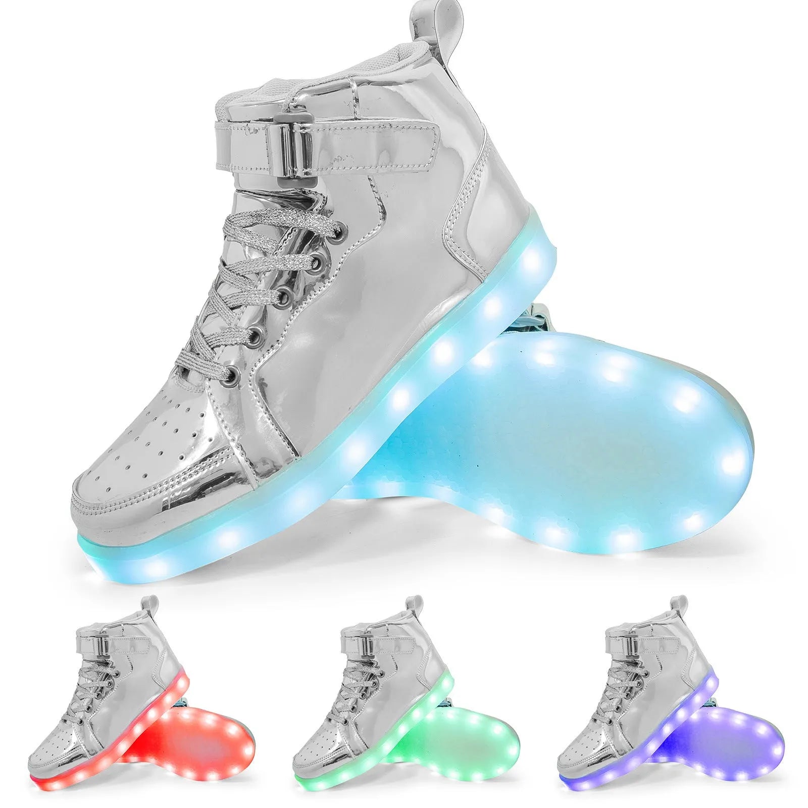 LED high-top board shoes with lights, Velcro fastening, in black gold or white colours