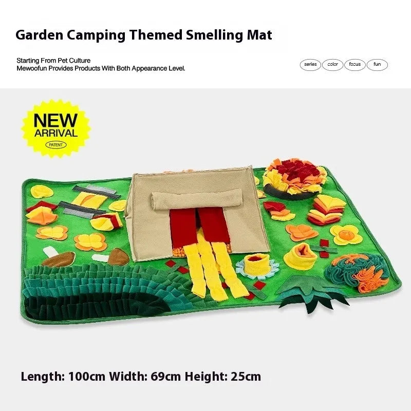 Fabric dog sniffing mat enrichment toy on a floor, Garden Camping theme.