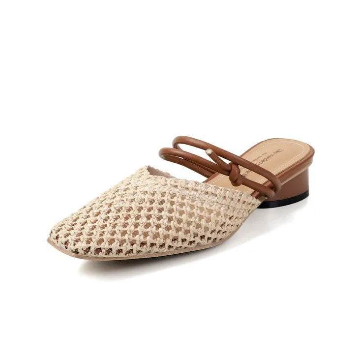 Women's black outdoor slippers with square toe box and chunky heels featuring breathable hollow-out design