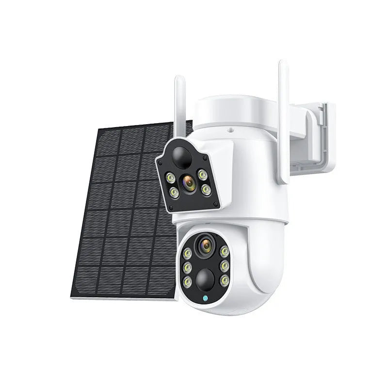 Outdoor solar-powered WiFi security camera with solar panel in white or black/white casing.