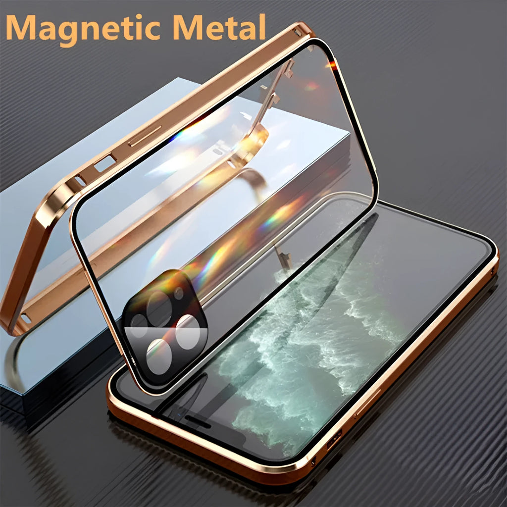 iPhone metal frame bumper case with double-sided tempered glass in black, blue, red, silver colours