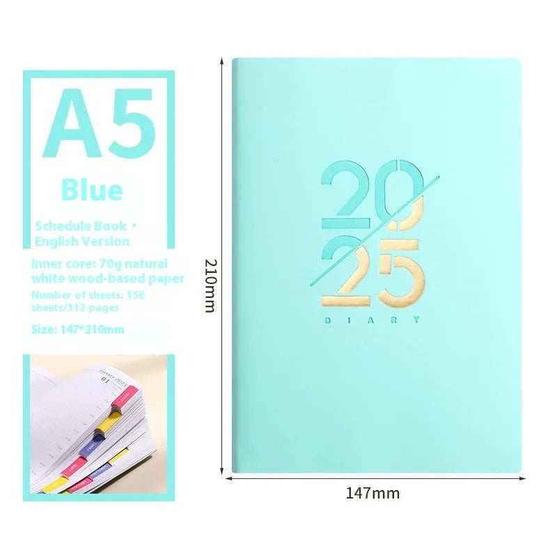 A5 daily planner with soft faux leather cover showing multiple colour options including pink yellow purple blue green