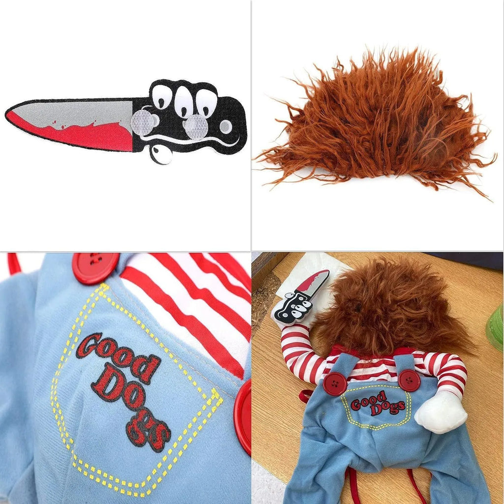 Striped Halloween costume set for pet dog or cat, showing pants, harness, and toy knife accessory.