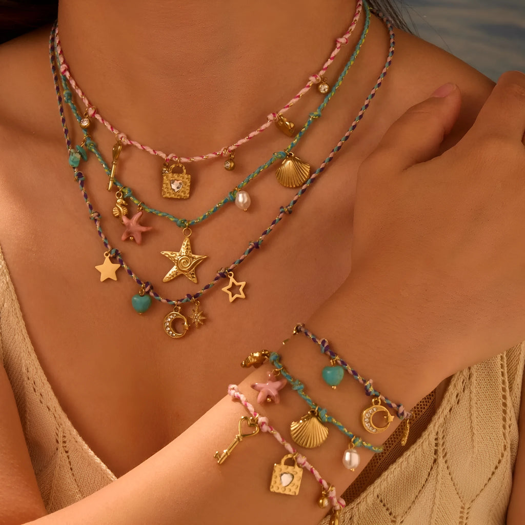 Titanium steel necklace with handmade colour braided rope and electroplated heart-shaped pendant