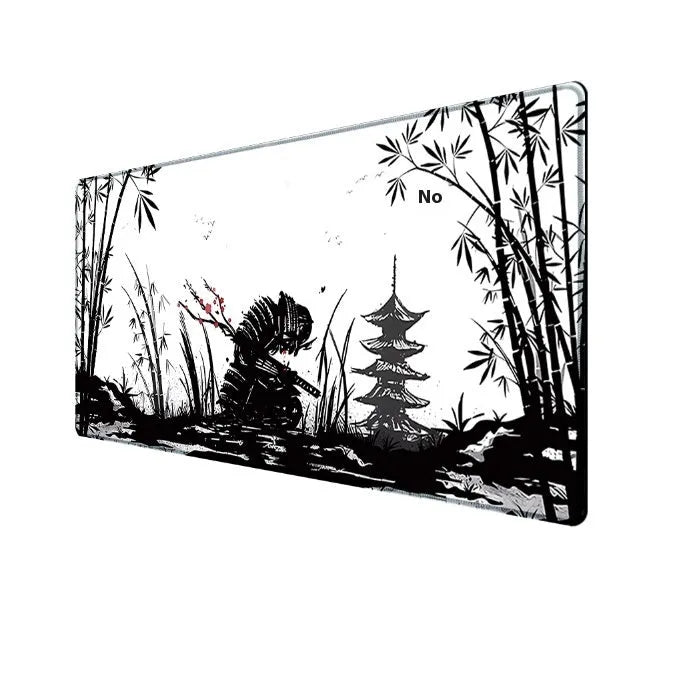 Japanese Samurai design gaming mouse pad on a desk, showing non-slip cloth base and thermal transfer print.