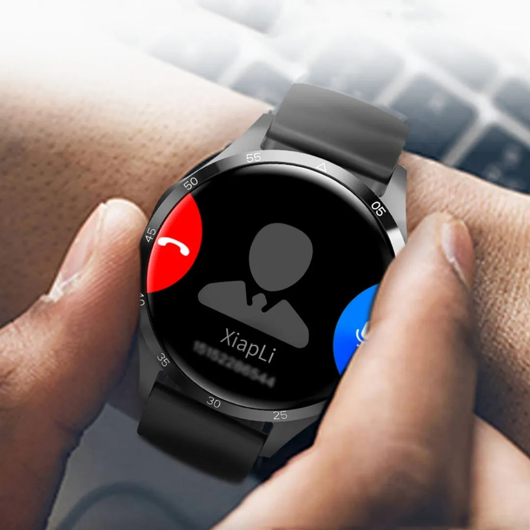 Black smartwatch with Bluetooth calling and health monitoring features on a silicone strap