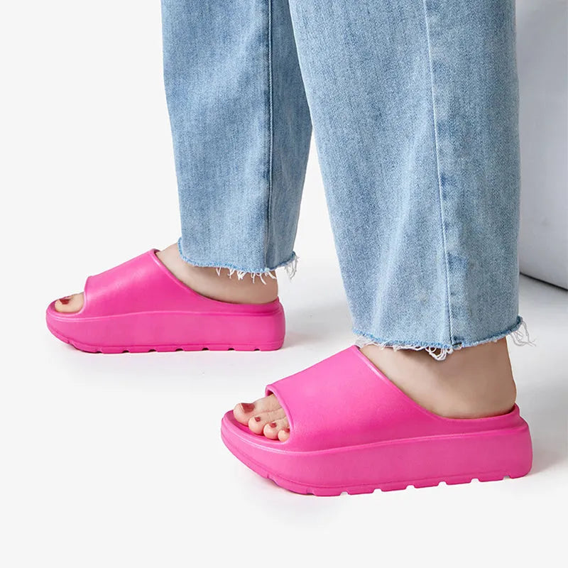 Women's beige fish mouth slippers with a thick 5.5cm sole for beach and bathroom use.