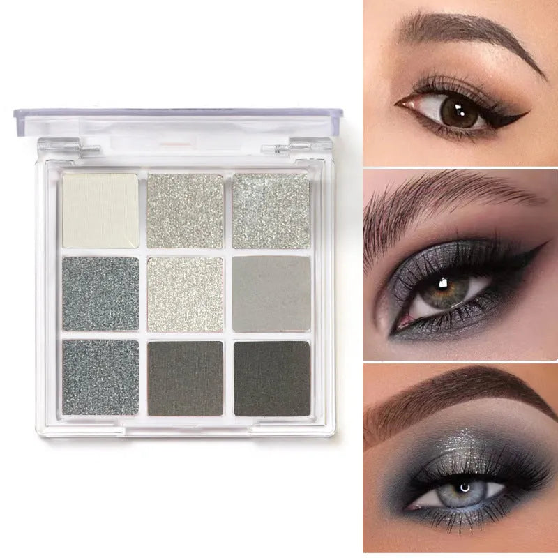 Smoked nine-colour eye shadow plate showing white, silver, black and iron grey pressed powder shades