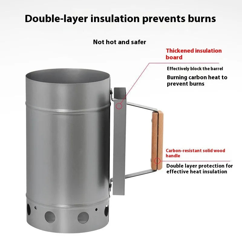 Zinc-iron alloy charcoal fire starter with point carbon barrel design for outdoor barbecues