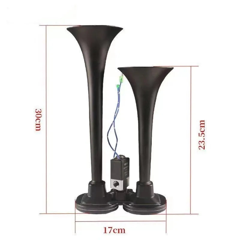 Black dual trumpet air horn kit with compressor for 12V and 24V vehicles