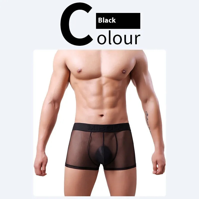 Men's thin solid colour boxer shorts in quick-dry polyester fabric on a size chart.