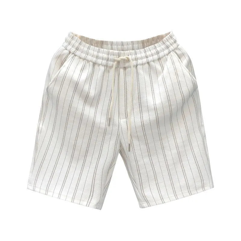 Man's black and white striped casual shorts with elastic waistband on a plain background.