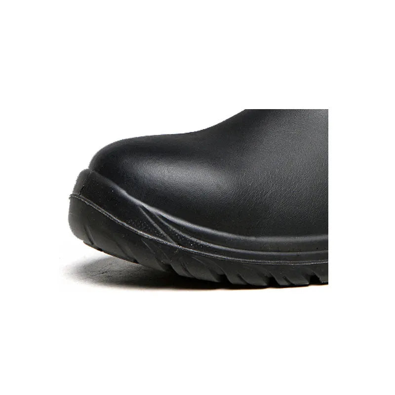 Black high-top leather safety work boots with anti-piercing soles on a plain background.