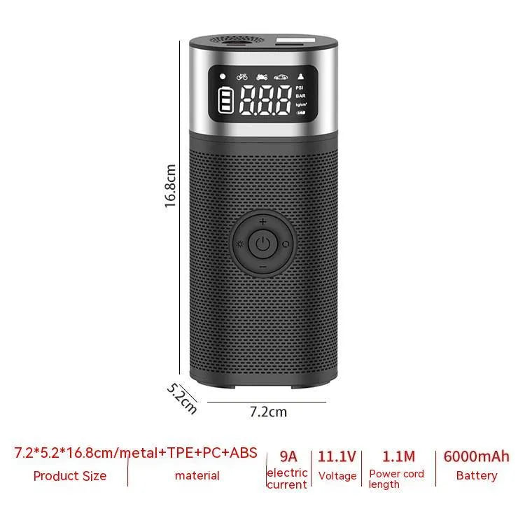 Black portable wireless smart air pump with display, charging cable and nozzle attachments on a dark surface.