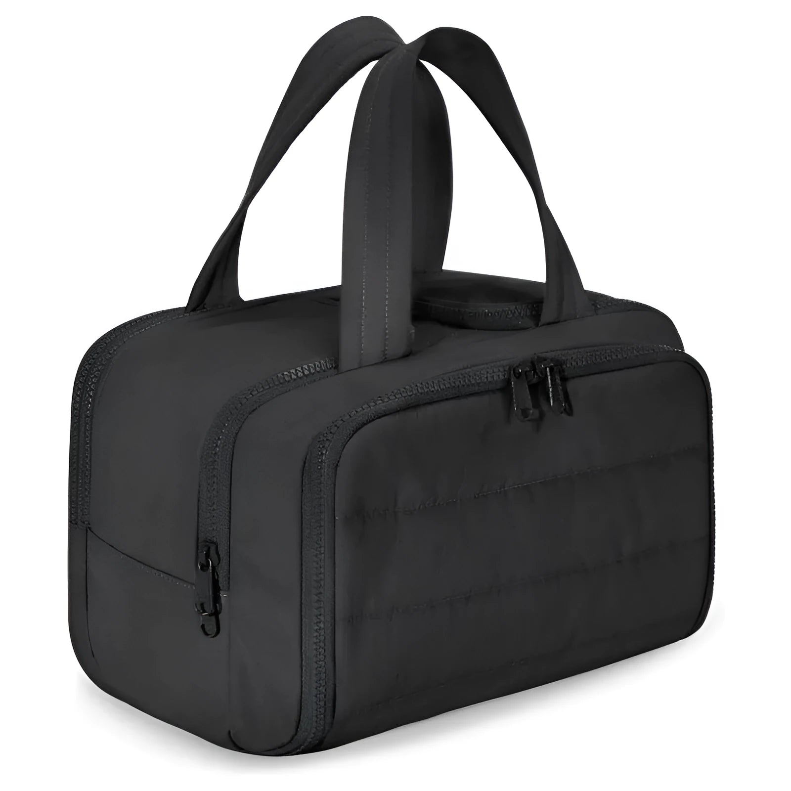 Large lightweight travel toiletry bag in beige with wide open design showing fluffy interior