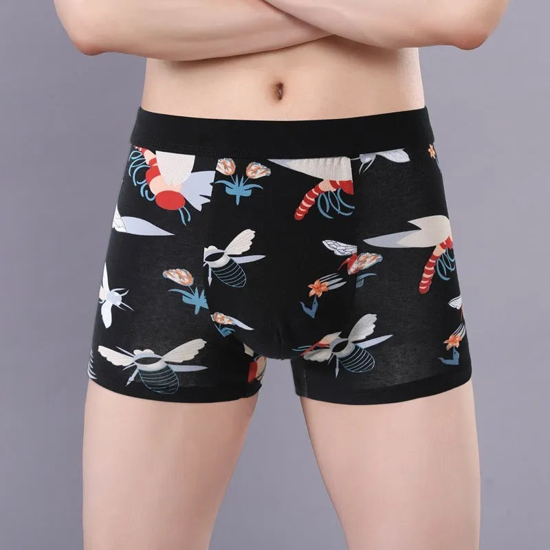 Men's cotton boxer underwear with U-shaped design in floral pattern colours