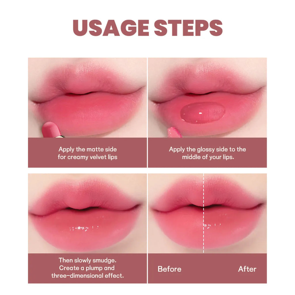 Double-headed lipstick lip gloss with matte finish showing 10 different colour options numbered 01 through 10