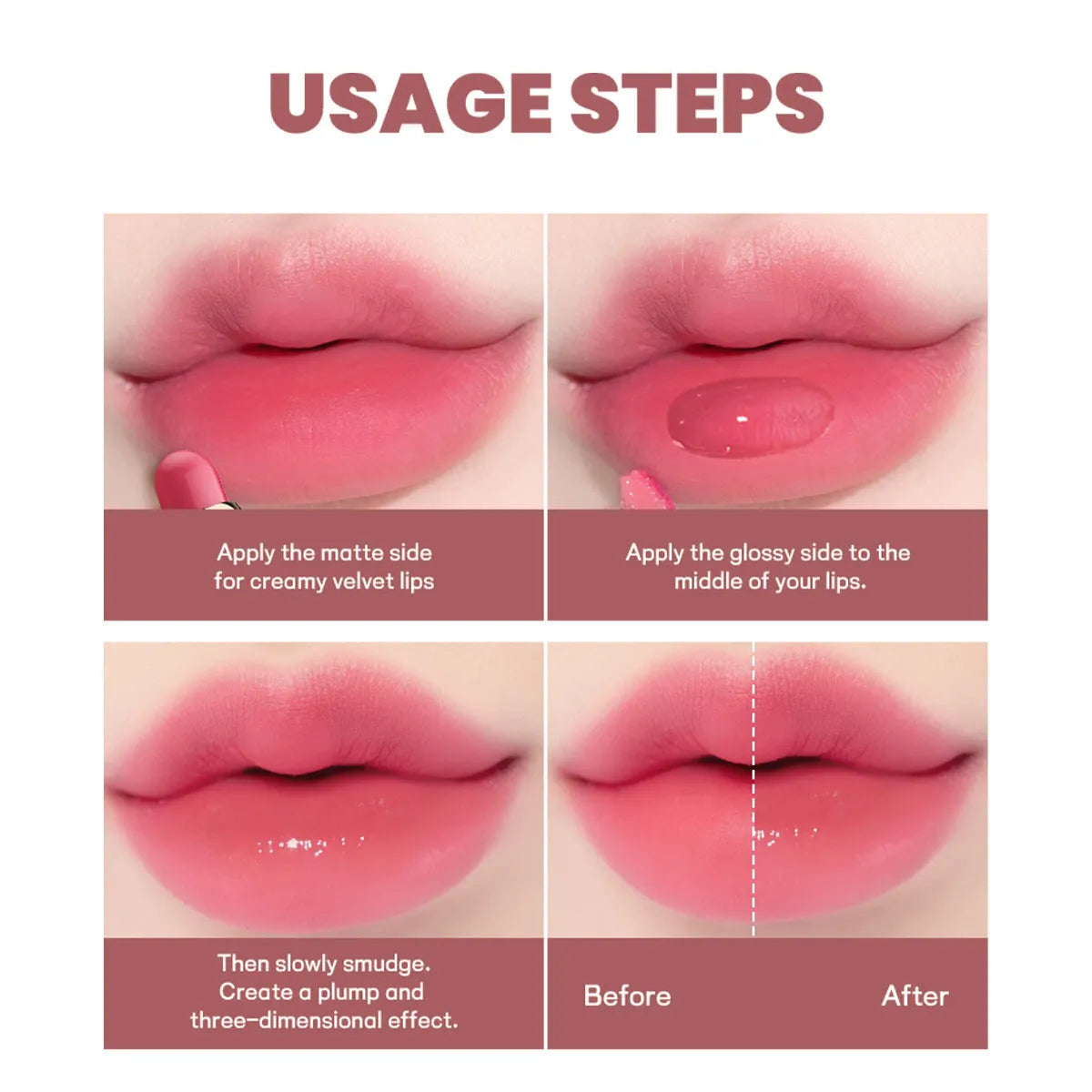 Double-headed lipstick lip gloss with matte finish showing 10 different colour options numbered 01 through 10