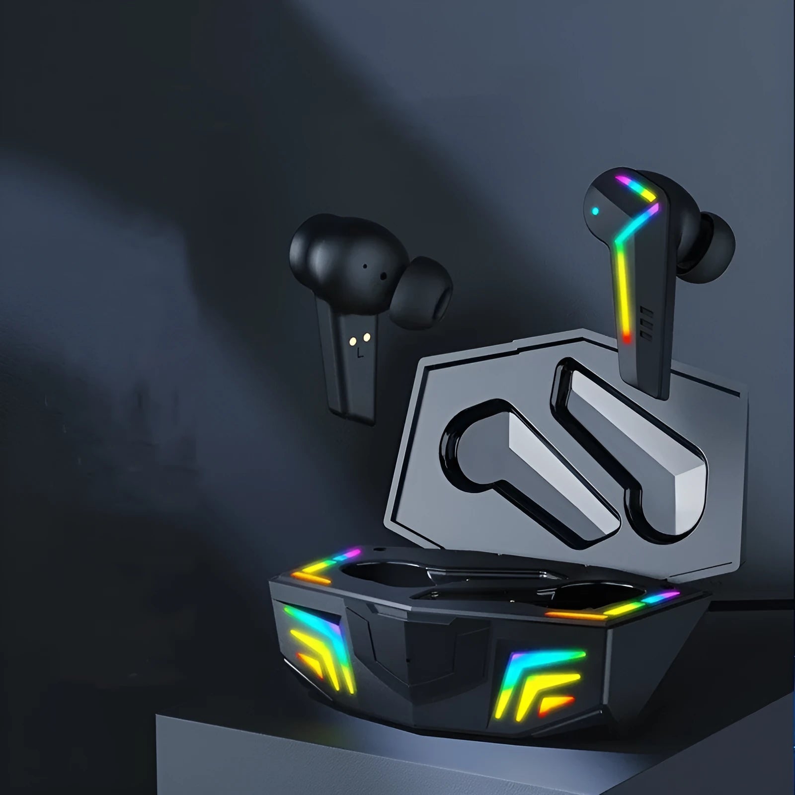 Small black TWS Bluetooth earbuds with low latency for gaming and sports.
