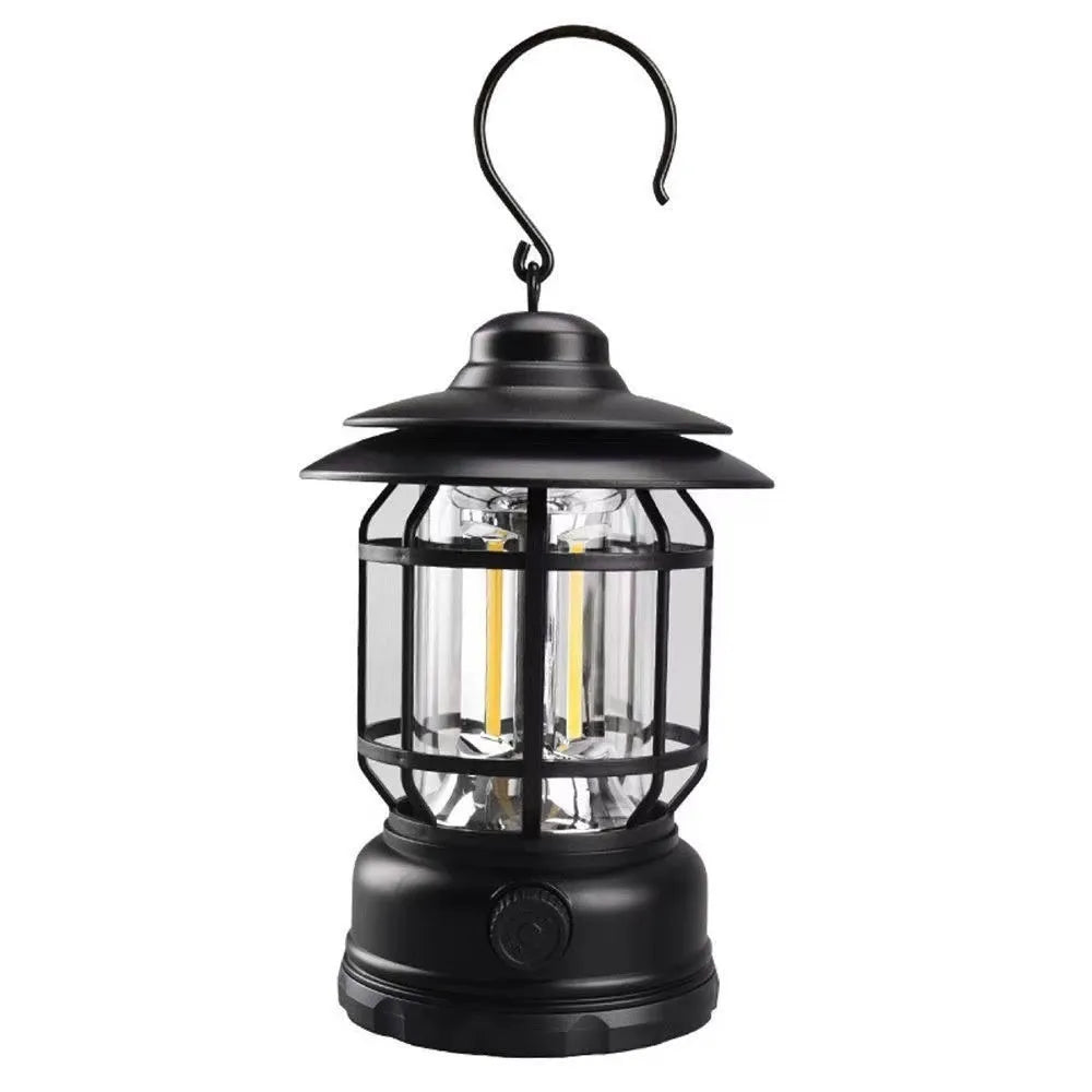 Portable camping lantern in dark green, black or red colours with battery power options