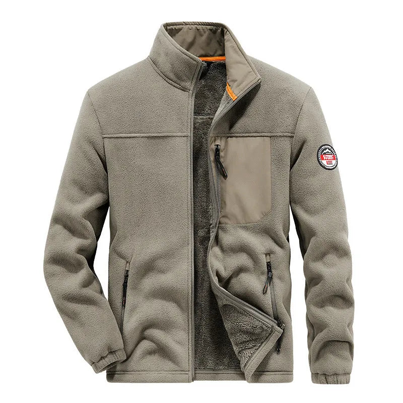 Men's grey fleece cardigan jacket with zipper pockets and regular length cut