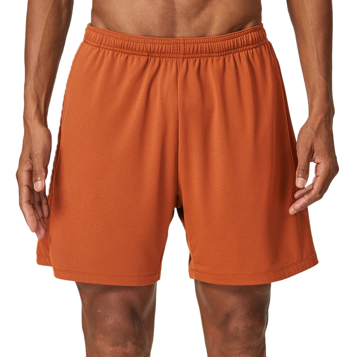 Men's double-layer running shorts in sky green, showing mid-waist fit and shorts length.