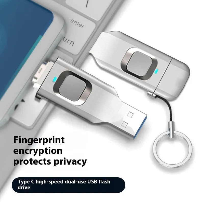 Black metal fingerprint encrypted USB flash drive with both USB 3.0 and Type-C connectors shown.