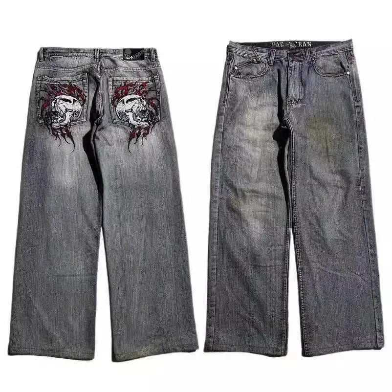 Men's grey washed-out wide-leg jeans with straight-leg opening and retro workwear design
