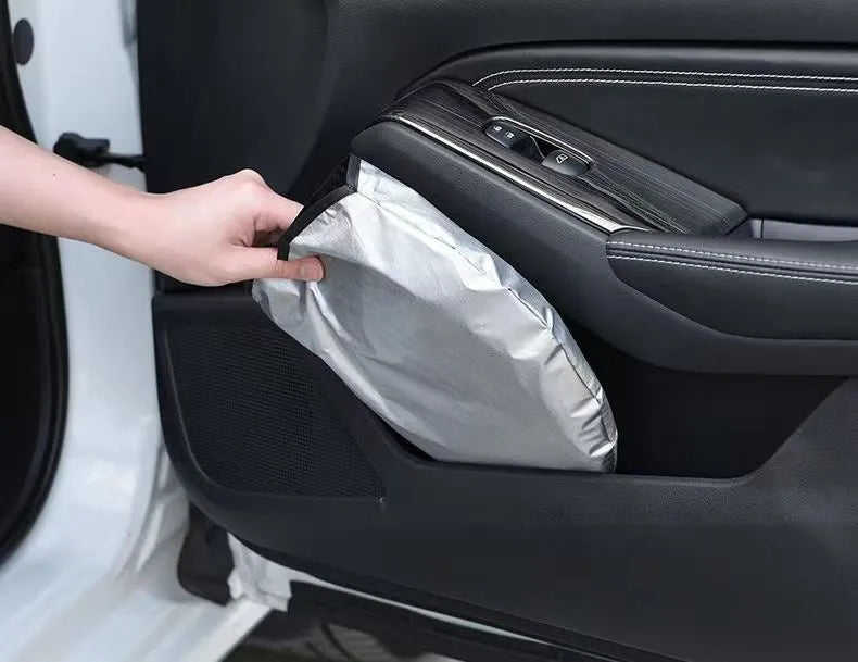 Aluminium foil car sunshade in titanium silver colour showing heat insulation properties