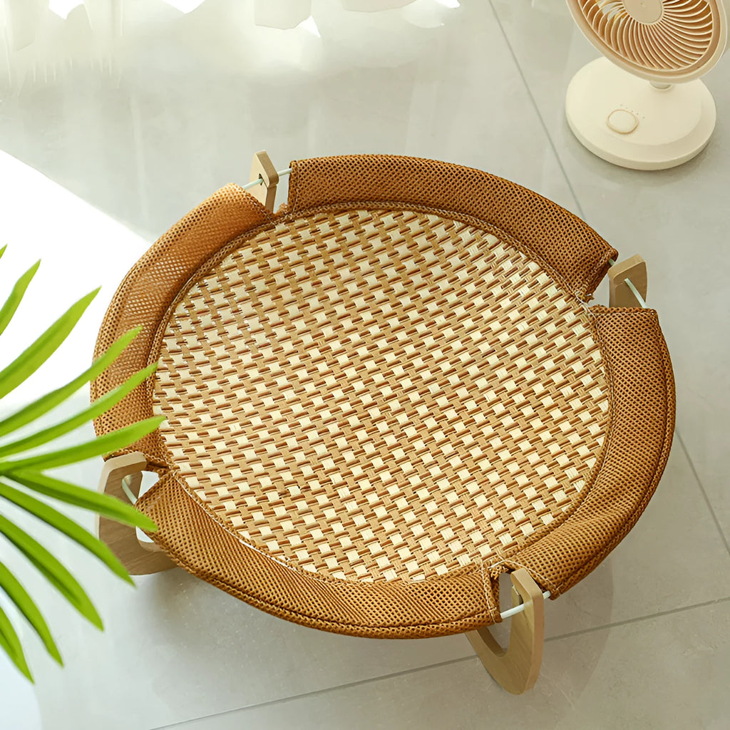 Brown woven rattan pet hammock measuring 46cm square with 17.5cm elevation