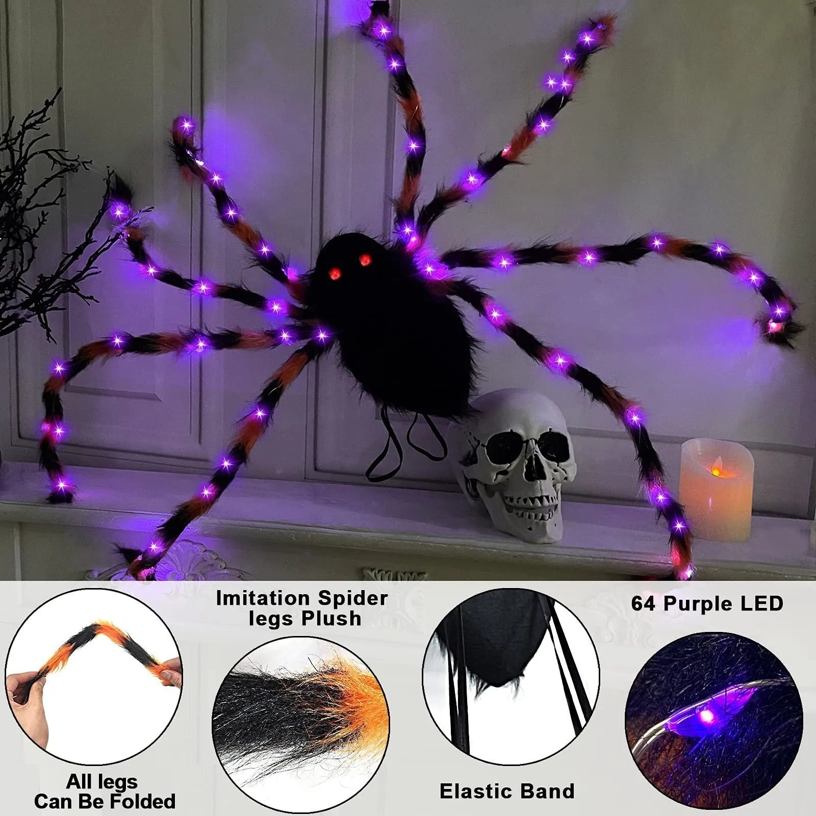 Halloween plush spider backpack with purple LED lights in one of five colour options.