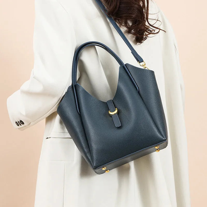 Genuine leather women's bucket bag in European retro style with hand holding strap