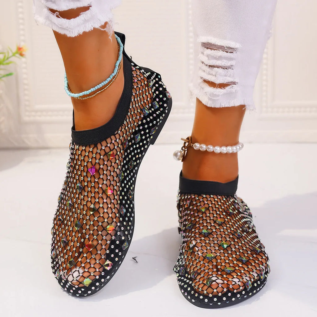 Women's flat sandals with mesh upper and colourful rhinestone decoration