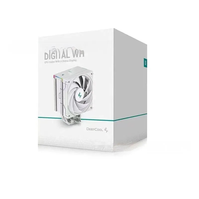 Twin tower black CPU air cooler with fans and a digital temperature display on front.