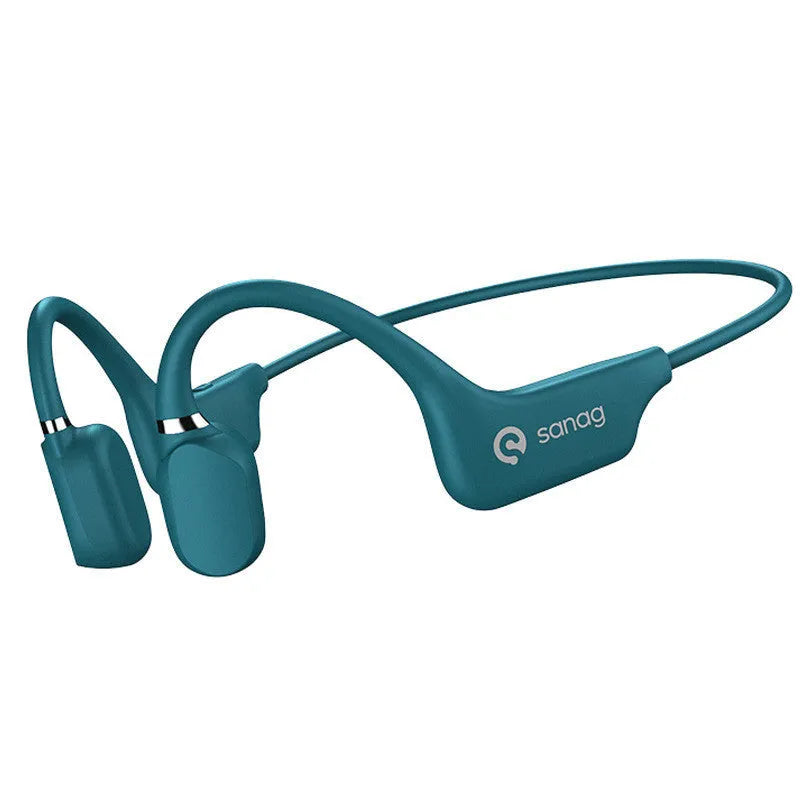 Bone conduction Bluetooth sports headset in hanging neck design, shown in multiple colour options.