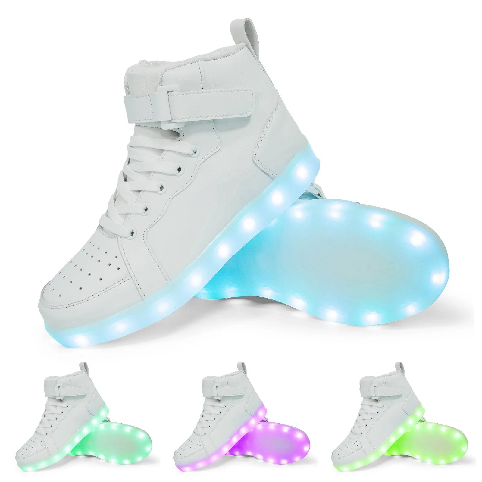 LED high-top board shoes with lights, Velcro fastening, in black gold or white colours