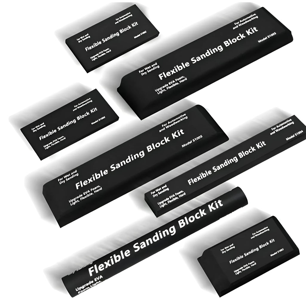 Seven black frosted EVA building blocks with metal connectors on a white surface.