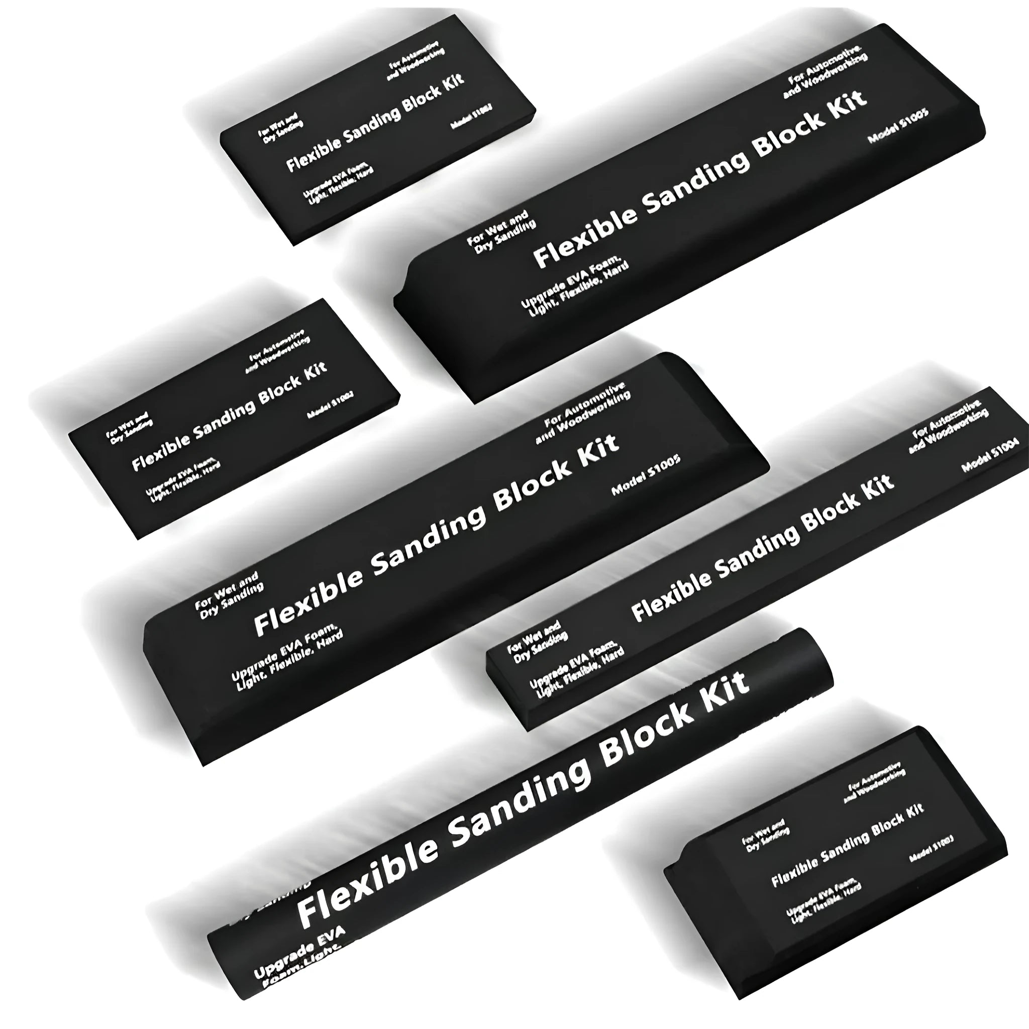 Seven black frosted EVA building blocks with metal connectors on a white surface.
