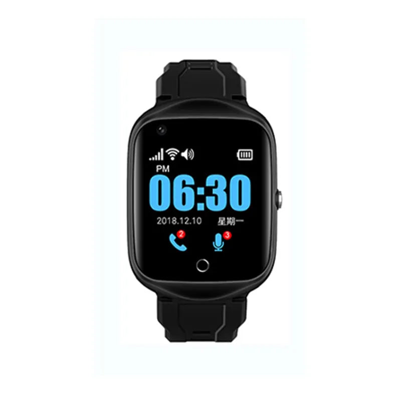 Square screen elderly positioning watch with GPS tracking and SOS calling features in black, blue, or silver colours