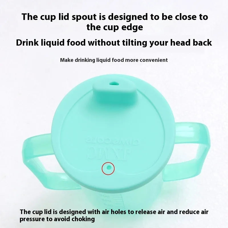 Oblique mouth bedside drinking cup with handle and optional wrist splint for elderly and pregnant users
