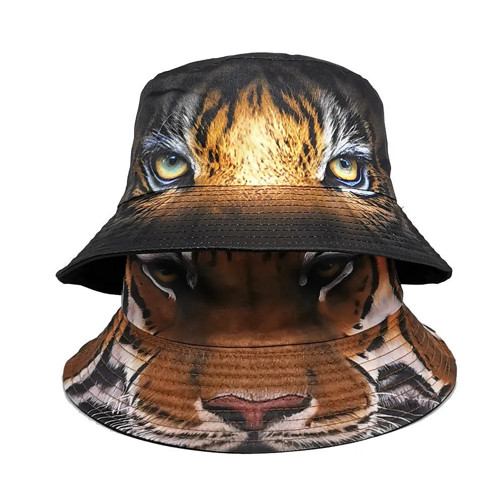 Tiger pattern polyester bucket hat with dome crown in khaki or black colour