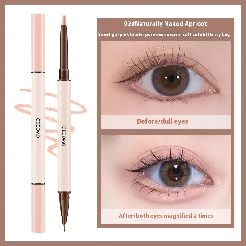 Double headed liquid eyeliner pen with stereoscopic design in pearlescent Floating Platinum and Raw Nude Apricot colours