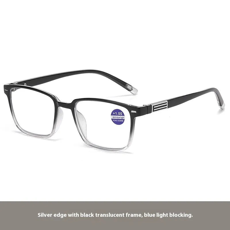 Multifocal reading glasses with anti-blue light and photochromic lenses in black frame with gold accents