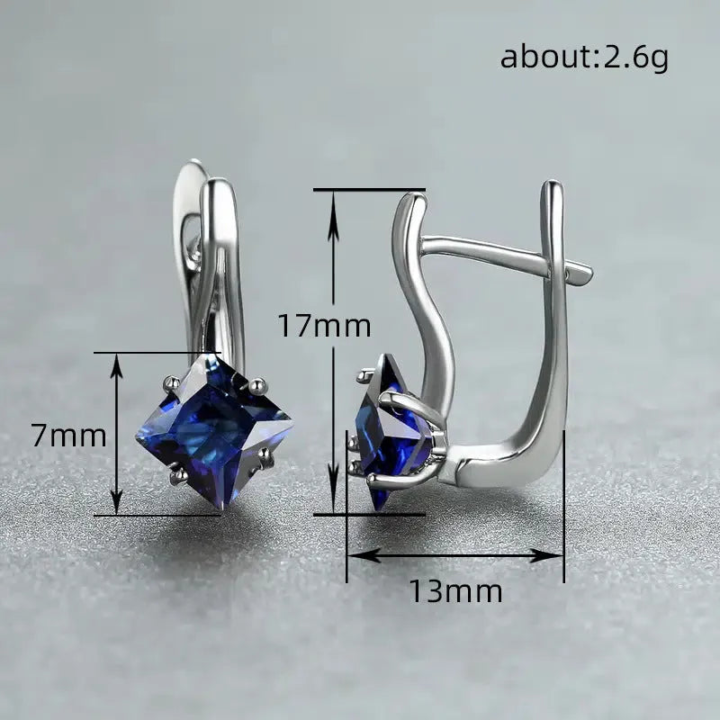 Copper diamond design earrings with inlaid zircon stones in blue, green and colour variations