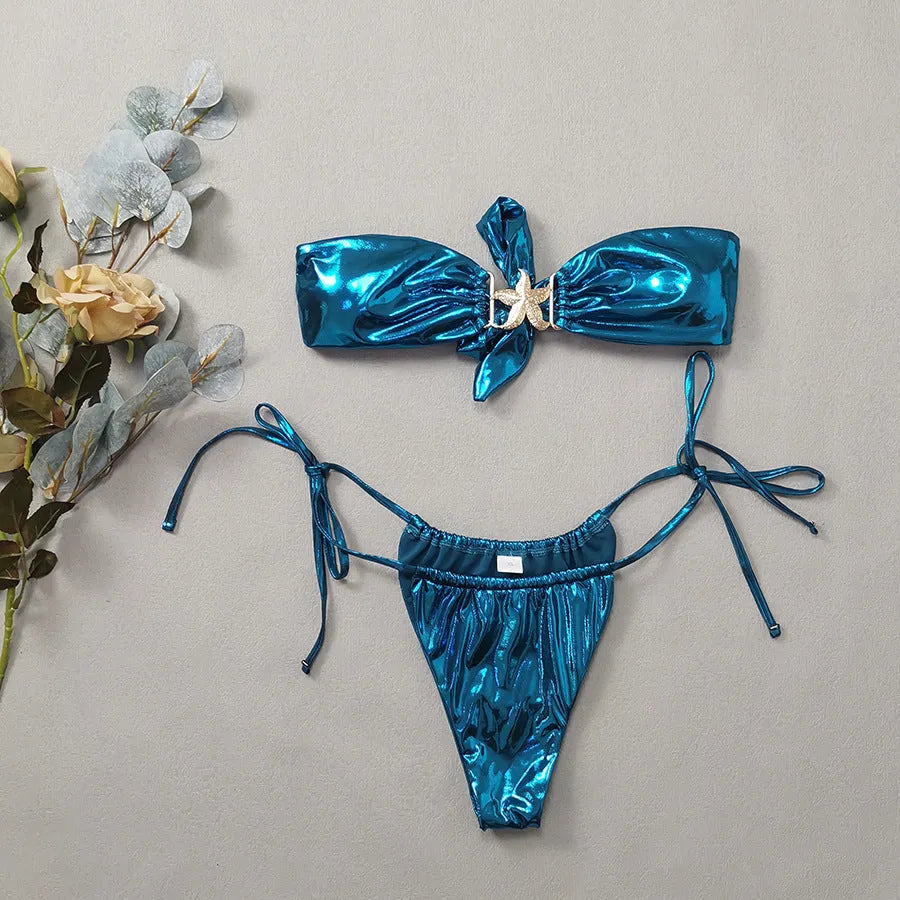 Women's glossy sapphire blue tube top split bikini swimsuit with brief style.
