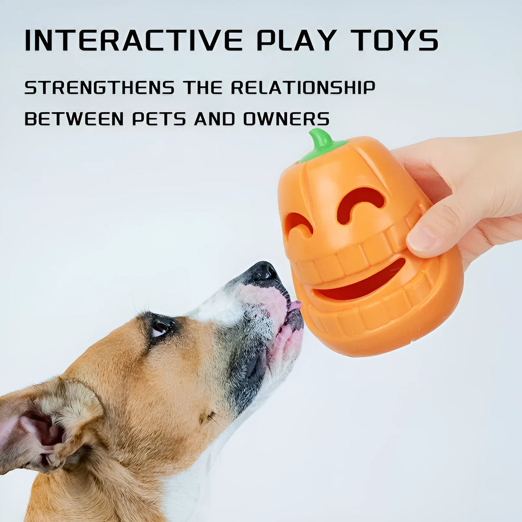 Orange Halloween pumpkin shaped dog chew toy with a treat dispensing funnel.