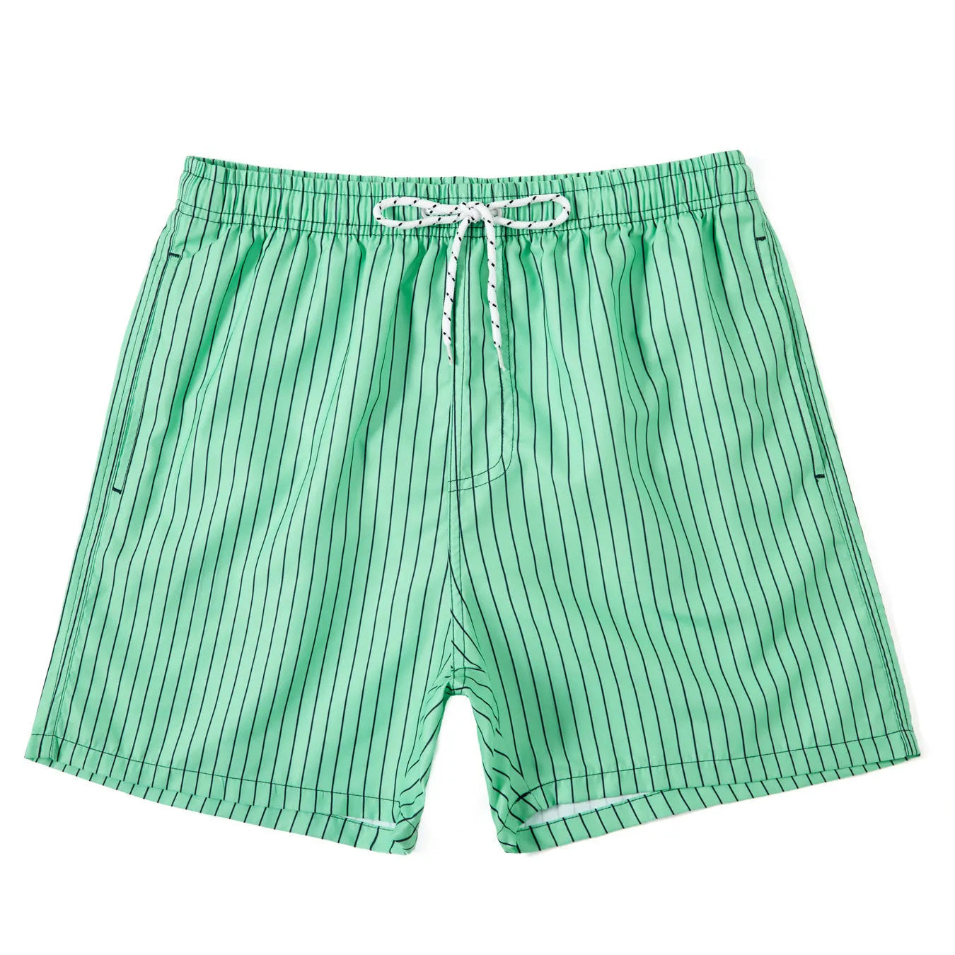 Men's striped beach shorts in polyester blend fabric, showing straight leg opening and available colour options.