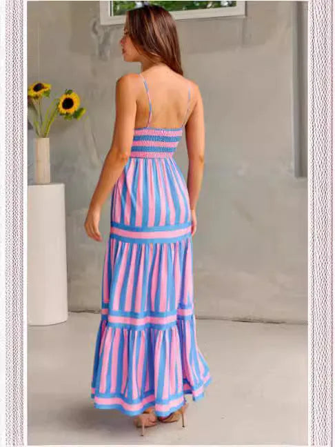 Women's striped long summer dress with suspenders, a square neck, backless design, and side pockets.