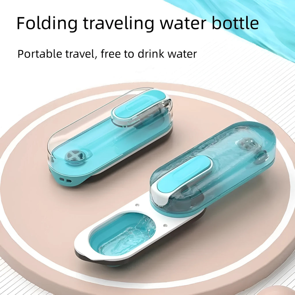 Blue folding dog water bottle with integrated drinking bowl, shown extended for use and folded for storage